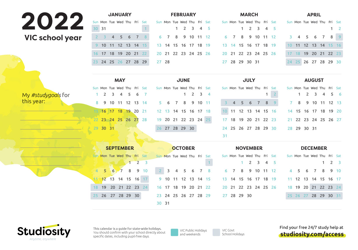 School terms and general holiday dates for DEAR int 2022 Studiosity